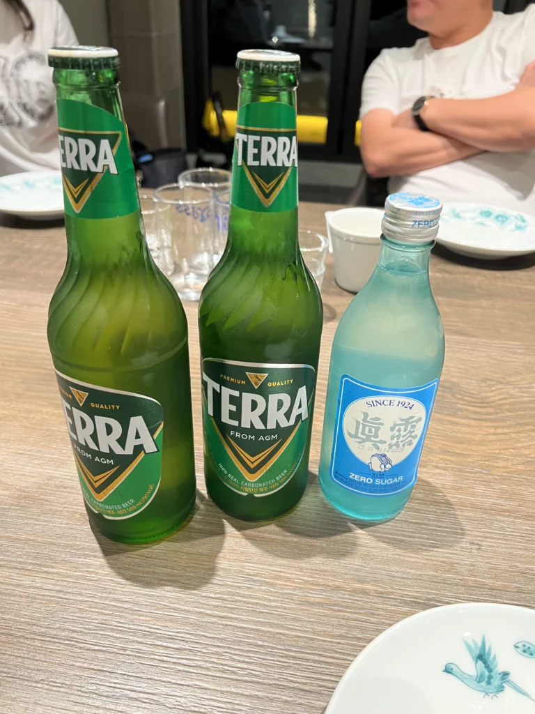 Terra beer bottles and beverages served at Bongpiyang Korean BBQ restaurant in Gangnam Seoul.