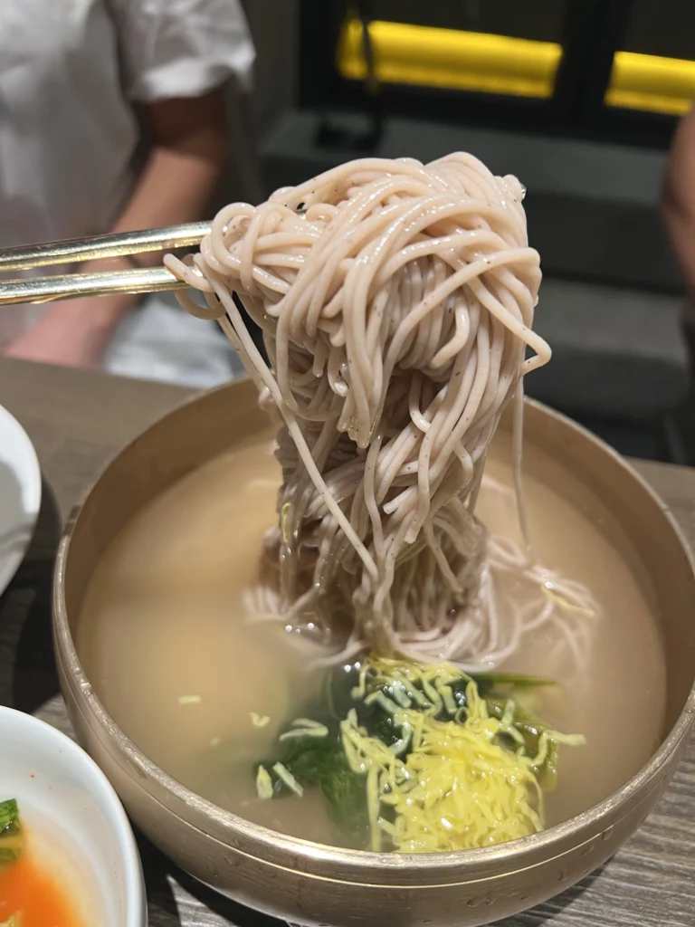 Hand-pulled buckwheat noodles from Pyongyang-style naengmyeon cold noodles at Bongpiyang Michelin-recommended Korean BBQ in Seoul.
