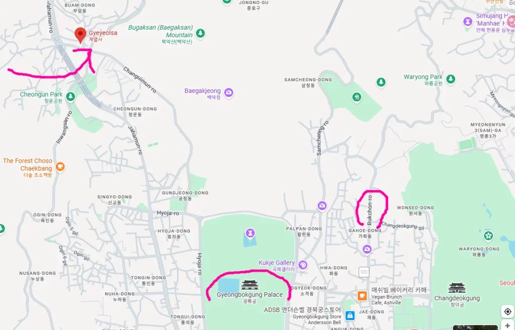 Gyeyeolsa Korean fried chicken restaurant location map in Buam-dong Seoul near Bugaksan Mountain and Gyeongbokgung Palace.