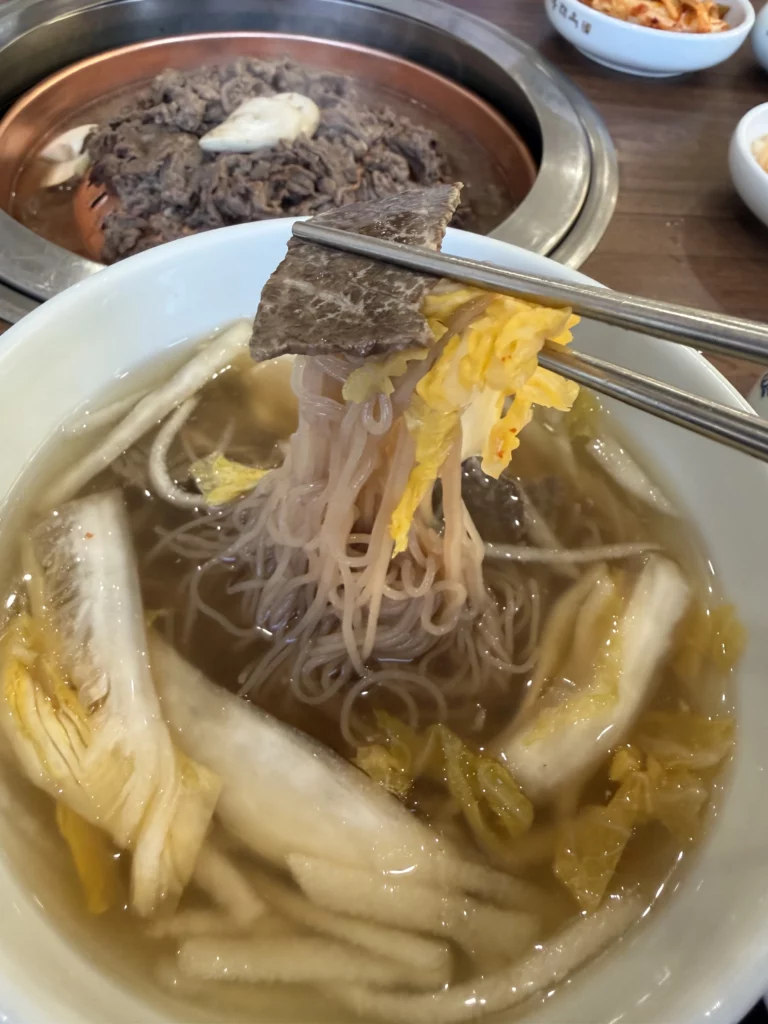 Perfect bite of traditional Pyongyang mul naengmyeon at Woo Lae Oak Seoul with chopsticks holding buckwheat noodles, tender beef brisket, boiled egg, and Korean pear strips from the signature icy beef and dongchimi broth.