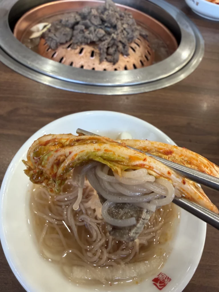 Chopsticks holding spicy fermented napa cabbage kimchi over buckwheat noodles in clear broth at Woo Lae Oak Seoul, demonstrating traditional Korean banchan side dishes served with authentic Pyongyang naengmyeon and bulgogi.