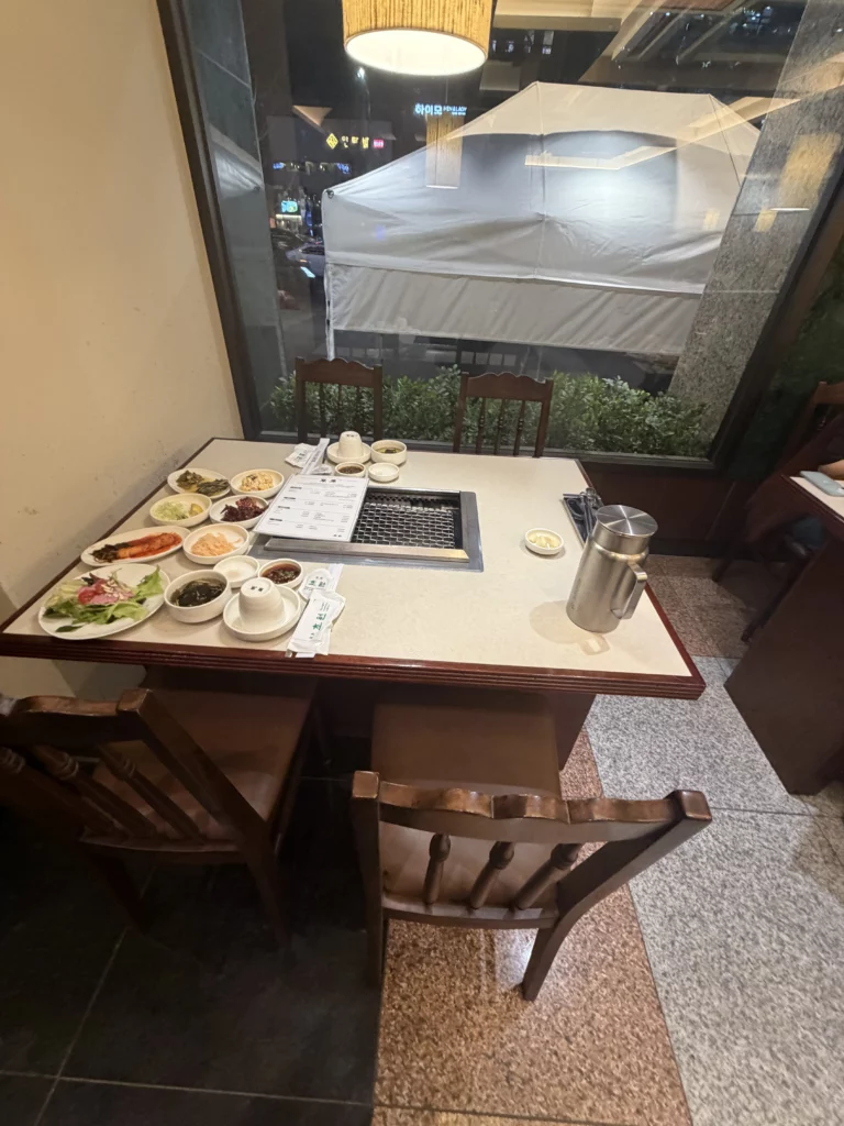Korean BBQ table setup at Chowon restaurant in Gangnam with built-in charcoal grill and traditional banchan side dishes before grilling marinated sirloin jumulleok.