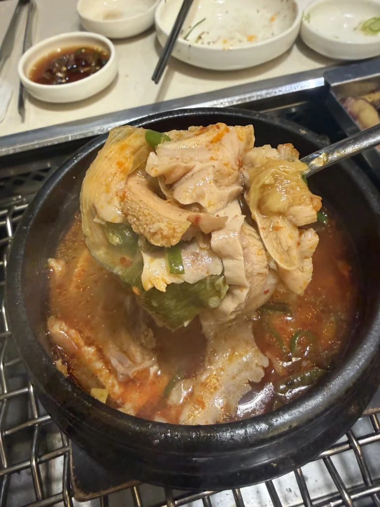 Tender beef tripe and intestines on spoon from gopnaejangtang soup served as digestive finale after Korean BBQ at Chowon restaurant in Gangnam Seoul.