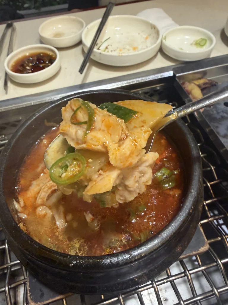 Beef tripe and intestines with scallions on spoon from gopnaejangtang soup at Chowon Korean BBQ in Gangnam Seoul.