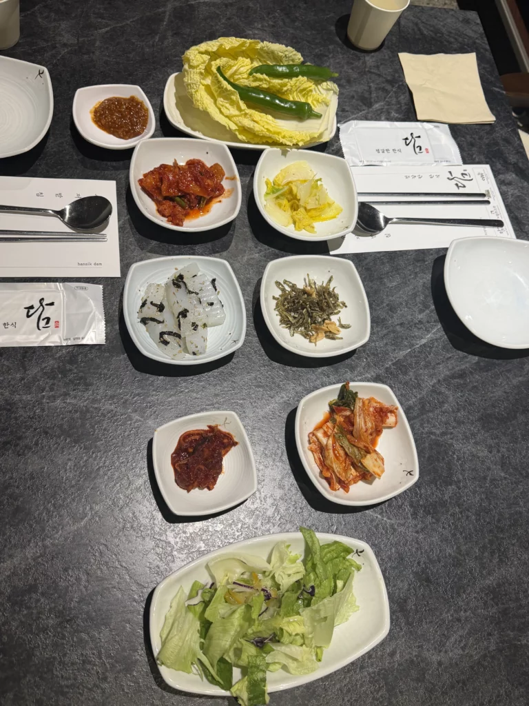 Korean banchan side dishes array at Dam Restaurant featuring kimchi varieties, pickled vegetables, rice cakes, and napa cabbage for traditional hanjeongsik hansangcharim dining experience.