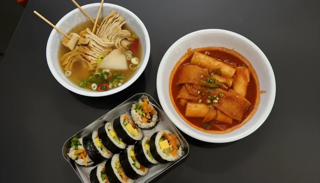 Durumi Bunsik set menu with Namsan gimbap, tteokbokki in gochujang sauce, and eomuk-tang fish cake soup.