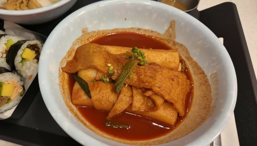 Durumi Bunsik tteokbokki close-up with chewy rice cakes and fish cake simmered in sweet-spicy gochujang sauce.