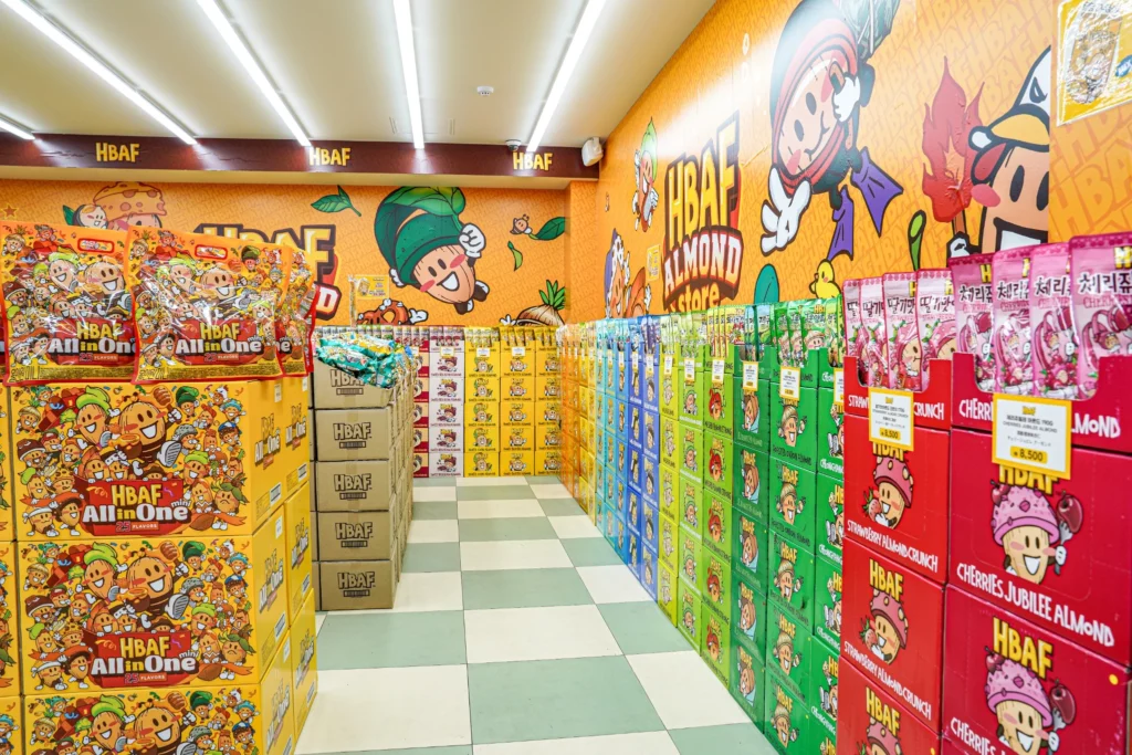 Close-up of HBAF Korean flavored almonds showing the thin crunchy coating that distinguishes each flavor variety.