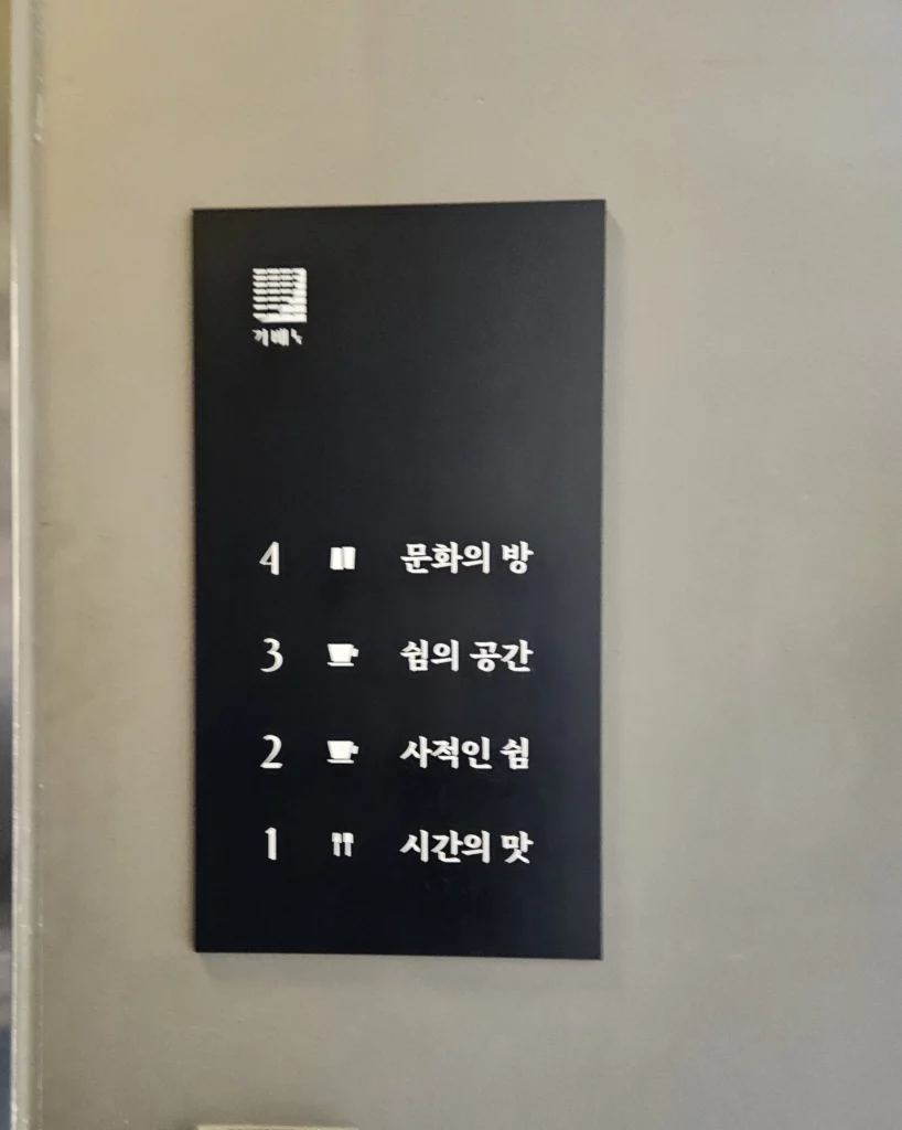 A sleek black floor directory sign for Gabaedo café near Seoul City Hall, listing four floors with poetic Korean names: 1F 시간의 맛 (Taste of Time), 2F 사적인 쉼 (Private Rest), 3F 쉼의 공간 (Space of Rest), and 4F 문화의 방 (Culture Room), each accompanied by a small icon.