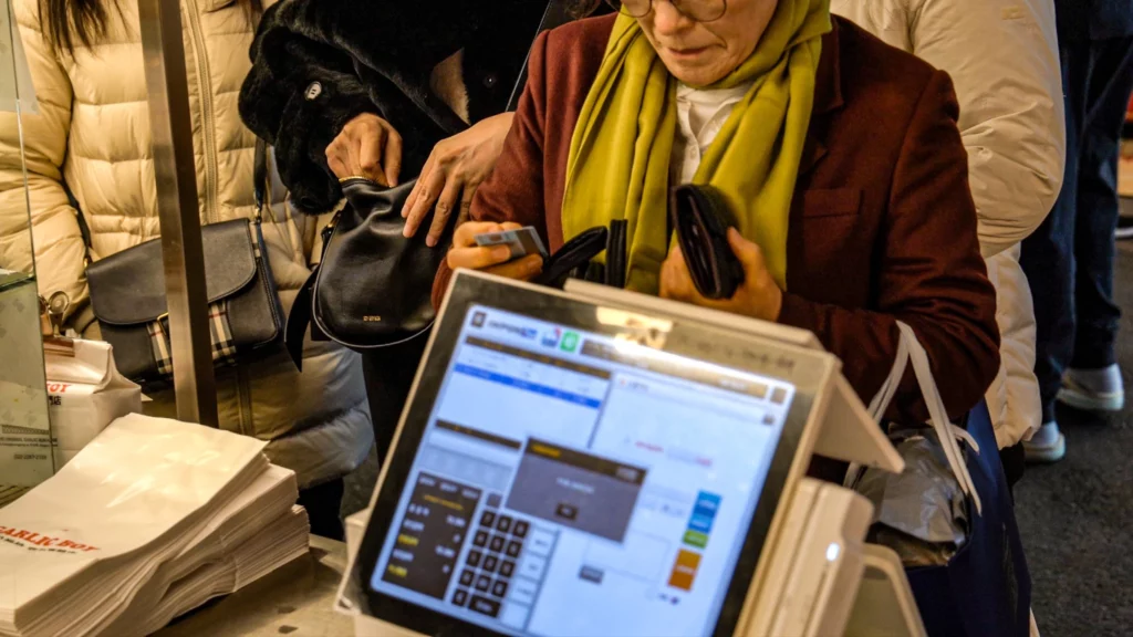 A customer paying at the Garlic Boy counter using a card at the POS terminal, with Garlic Boy branded paper bags stacked nearby.
