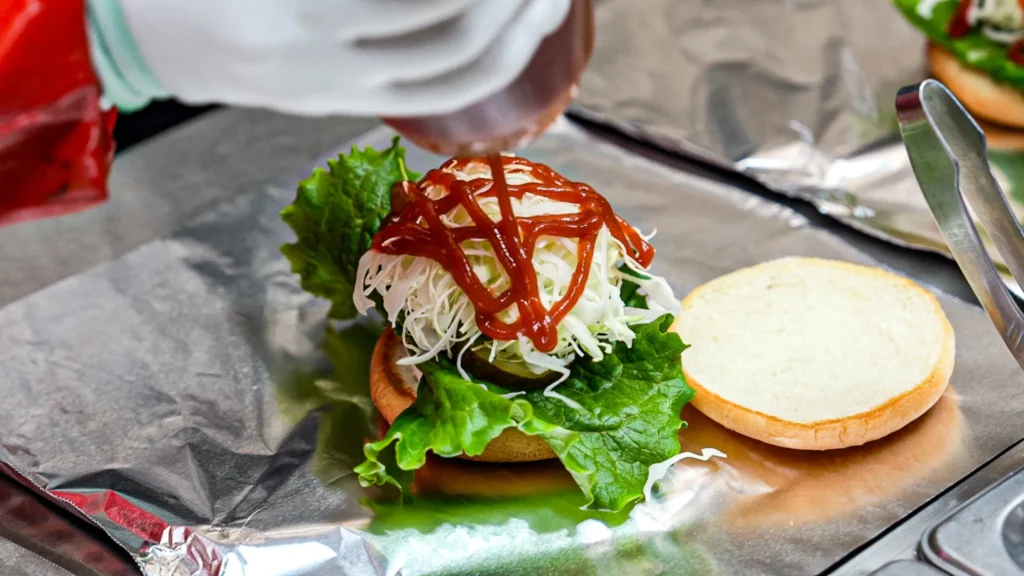 Samdeok Burger vendor drizzling red sauce over shredded cabbage and lettuce during bulgogi burger assembly, with top bun resting beside it on foil.