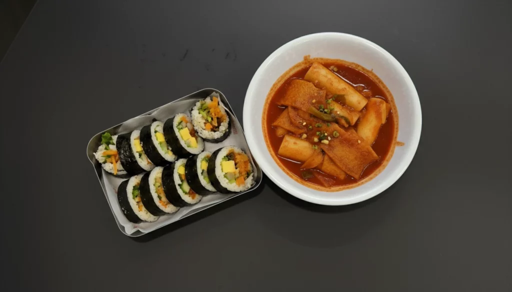 Durumi Bunsik signature kimbap and tteokbokki set meal served in white bowl and metal tray