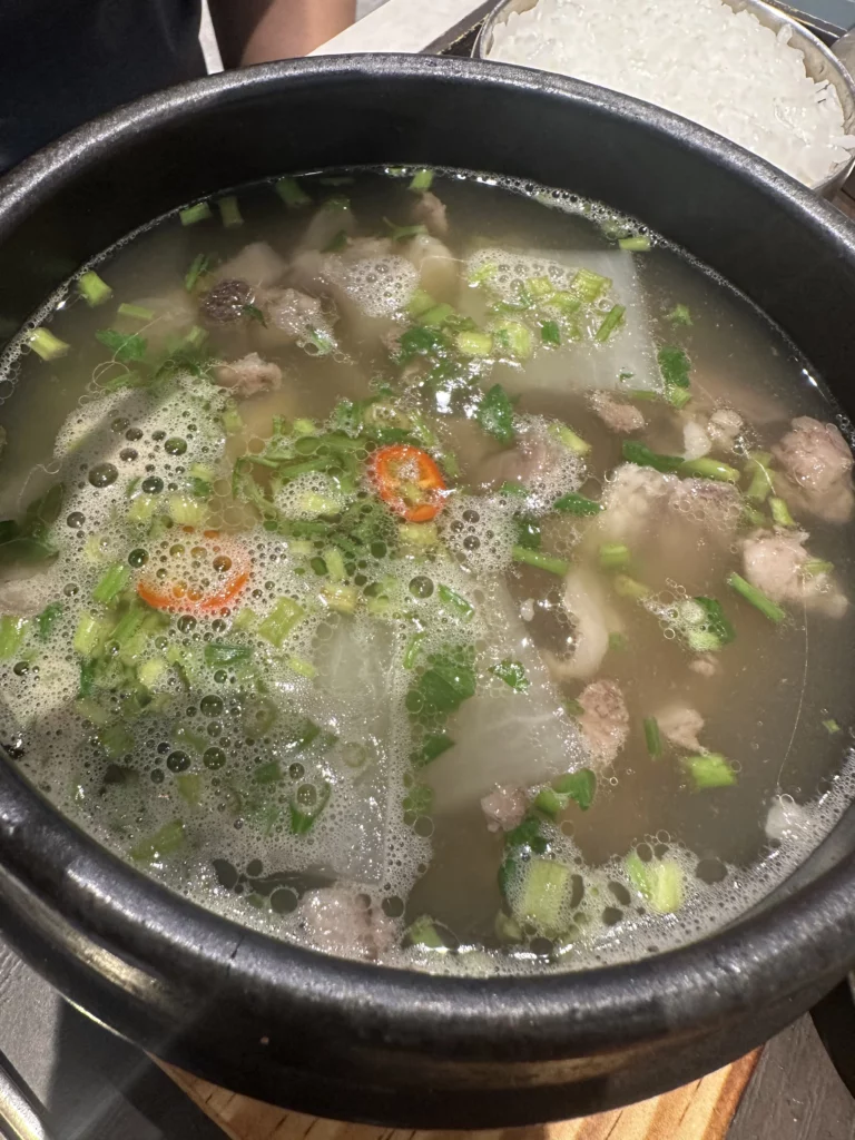 Close-up of Beef Soup with Korean Dropwort with sliced radishes and green onions in a black stone pot, a popular comfort food at an Incheon Airport Korean restaurant.