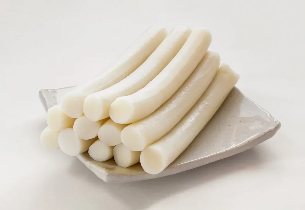 Fresh white garae-tteok rice cake sticks on ceramic plate, the main ingredient in Durumi Bunsik tteokbokki