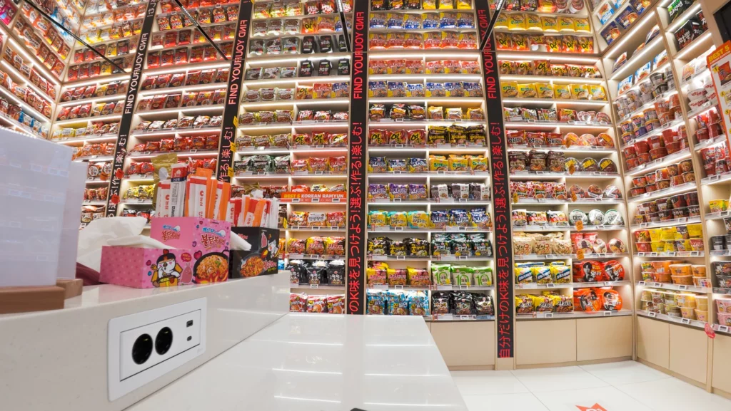 Second-floor ramen archive wall with induction cooking counter, Buldak tissue boxes, and Best 5 Korean Ramyun spotlight.
