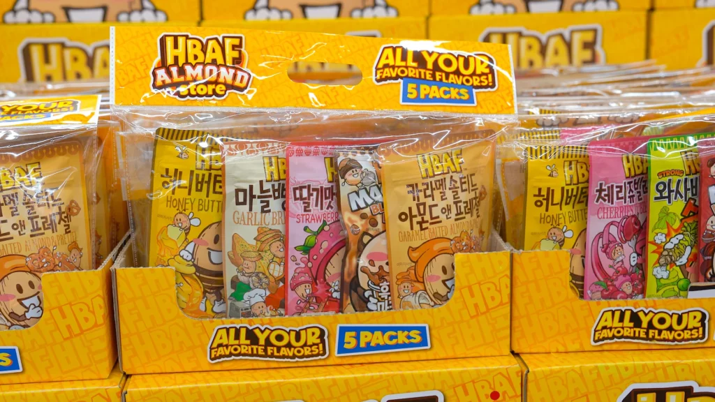 HBAF Almond Store 5-pack bundle with Honey Butter, Garlic Bread, Strawberry, Black Sugar Milk Tea, and Caramel Salted mini packs.
