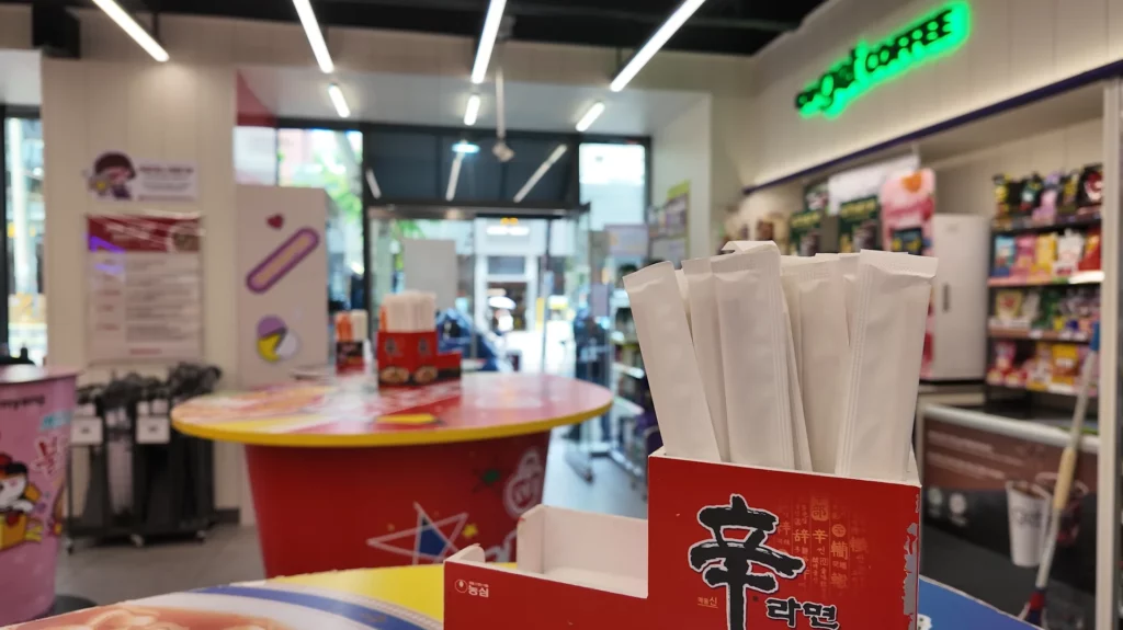 A Shin Ramyun branded chopstick holder on a cup noodle-shaped table at the CU Ramyun Library, with the store's interior including a coffee station visible in the blurred background.